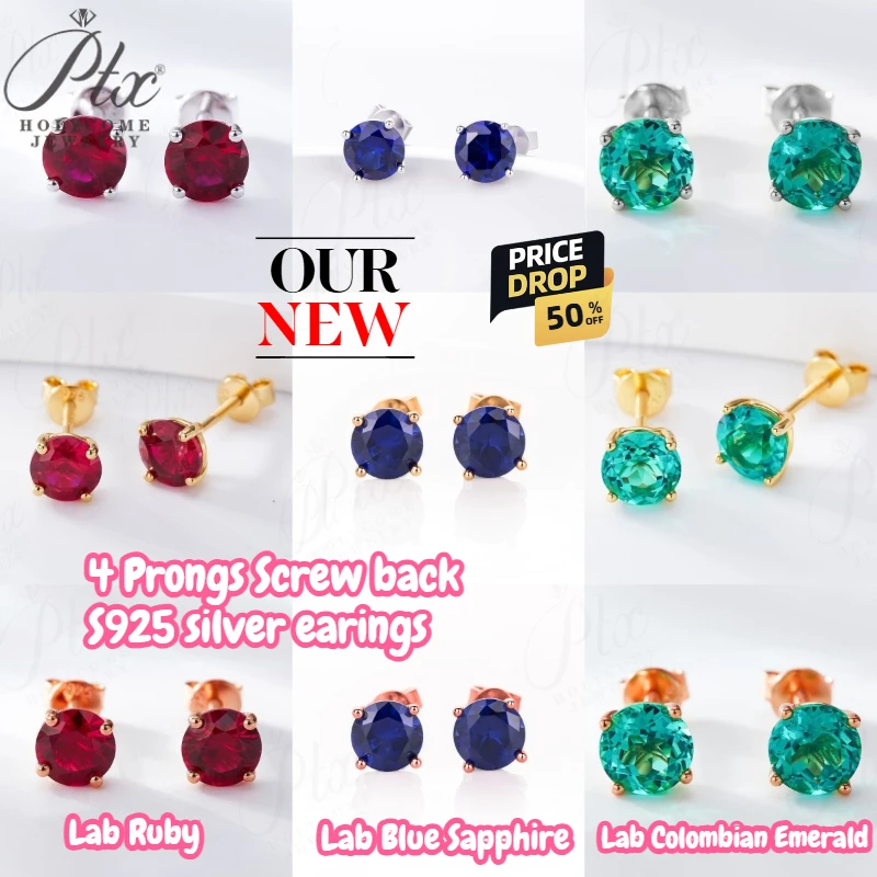 

Screw Back 4 prongs 0.5-1CT 925 Silver Earring Lab Grown Ruby Sapphire Emerald Gemstone Anti Allergic UniSex Gold Plated Jewelry