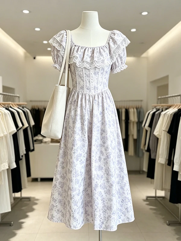 

plus Size Summer New Fashion One Shoulder Giant Slimming Lace Collar Floral Long Dress Skin-friendly Breathable Casual Wear