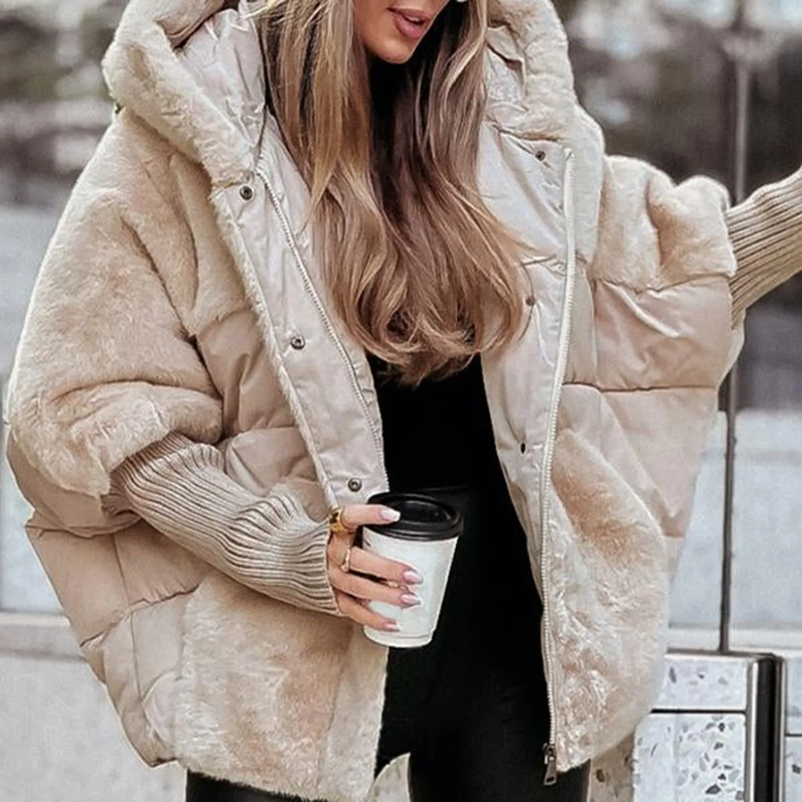 Women's Loose Cotton Coat Faux Fur Patchwork Winter Coat Comfort Chic Long Sleeve Hooded Jacket Female Outwear Overcoat