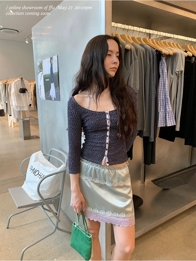 

Slimming Effect Square U-Ne Texture Sensation Color Blo Button up Cardigan Korean Sle Polyester Spandex Casual Top