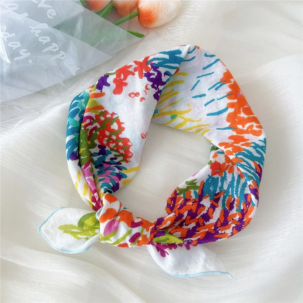 

Модный квадратный шарф с цветочным принтом, мягкий хлопковый льняной женский шарф для волос, носовой платок, женские шарфы на шею, лето-осень