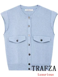 TRAFZA Vintage Chic Women Vest Solid O-Neck Single Breasted Sleeveless Knitted Sweaters New Fashion 2024 Autumn Female Tops