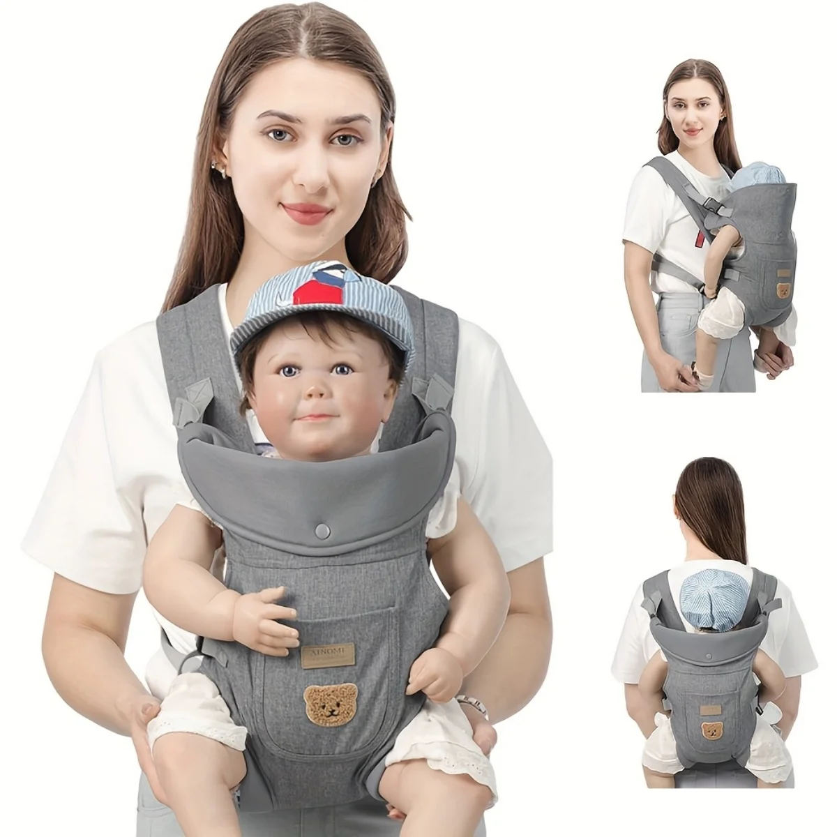 Egobaby Gray bear pattern baby carrier, newborn to toddler, enhanced shoulder and waist support