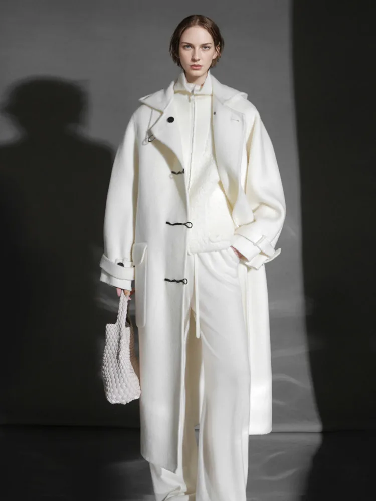 معطف نسائي طويل من مزيج الصوف الأبيض من ZMEENNA مع قلنسوة وإغلاق كبير الحجم ملابس خارجية شتوية طويلة بلون سادة ZM4528