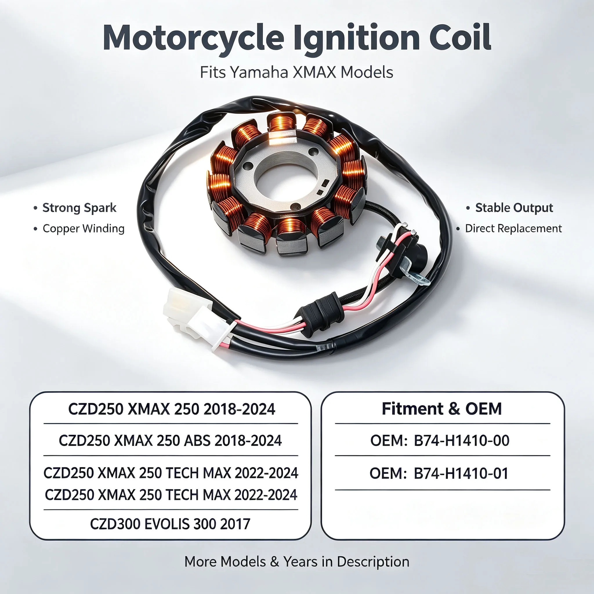 Motorcycle Ignition Coil Stator Coil For Yamaha MWD300 TRICITY 300 CZD300 XMAX 300 TECH MAX ABS CZD300 XMAX 300 OEM:B74-H1410-00