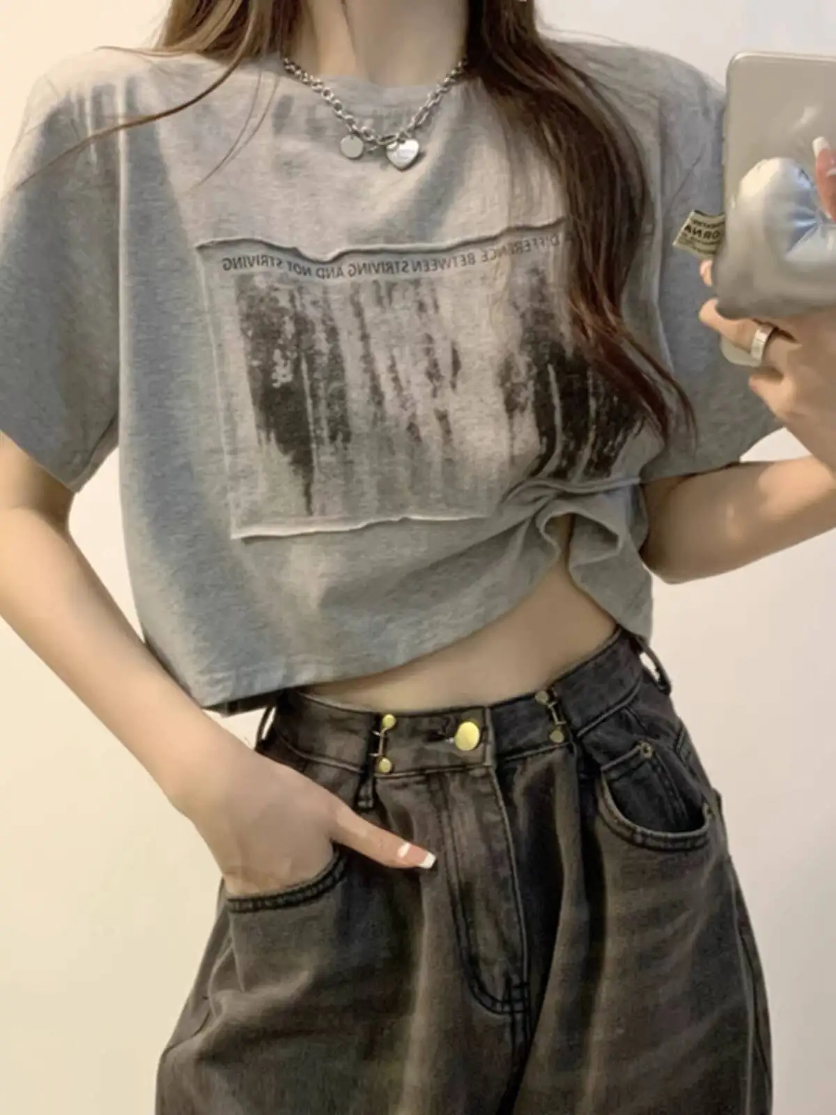 

2026 New Summer Women's Letter Print Crew Neck T Shirt Padded Shoulder Loose Short Sleeve Casual Top For Daily Wear