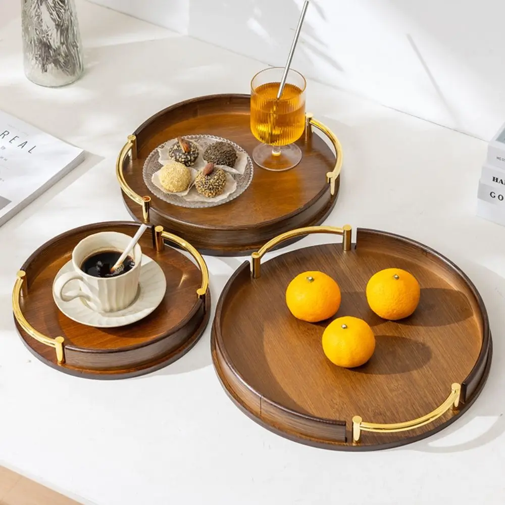 

Vintage Tea Bamboo Tray Round Elegant Fruit Food Storage Plate Large Capacity with Handles Fast Food Tray Tableware