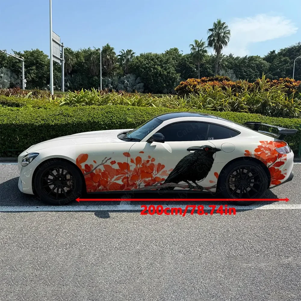 2pcs Black Crow & Red Maple Leaves Car Side Wraps, Self-Adhesive PVC Waterproof & Scratch-Resistant Stickers, Car Accessory Gift