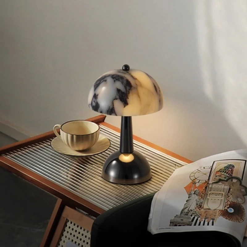 

Italian Electroplating Black Wrought Iron LED Table Lamp Marble Lampshade Moden Living Room Bedroom Restaurant Office Desk Light