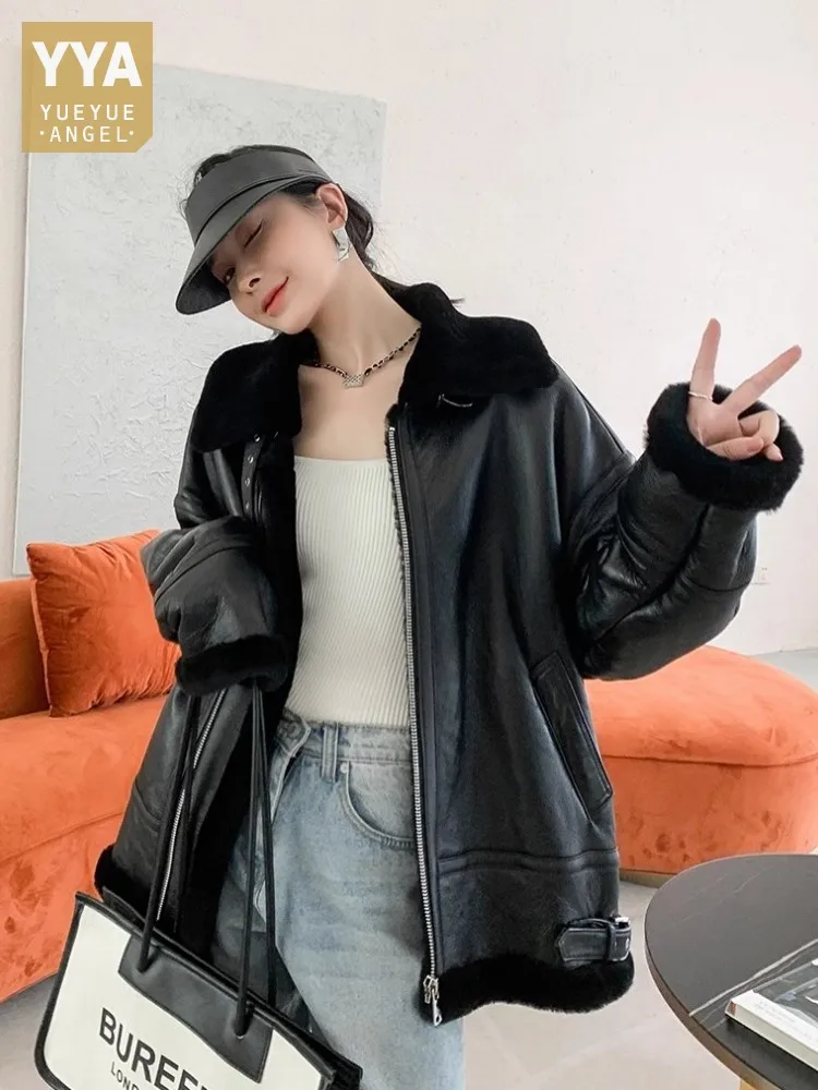 Winter Women Sheepskin Genuine Leather Real Wool Lining Jacket Loose Fit Motorcycle Biker Coat Warm Natural Shearling Overcoat