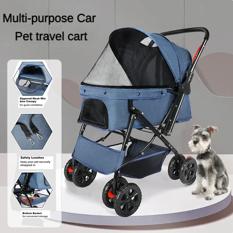 

44lbs Pet Dog Stroller 4 Wheels Foldable Puppy Stroller Rotate with Brakes Storage Basket Reversible Handlebar for Cats 애견유모차