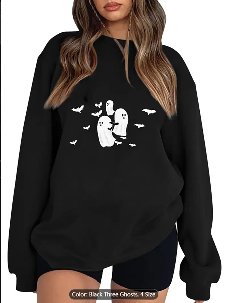 

Женская черная толстовка с графическим принтом «Призрачная летучая мышь», повседневный пуловер большого размера, топ для любителей Хэллоуина, повседневные рукава из чистого хлопка