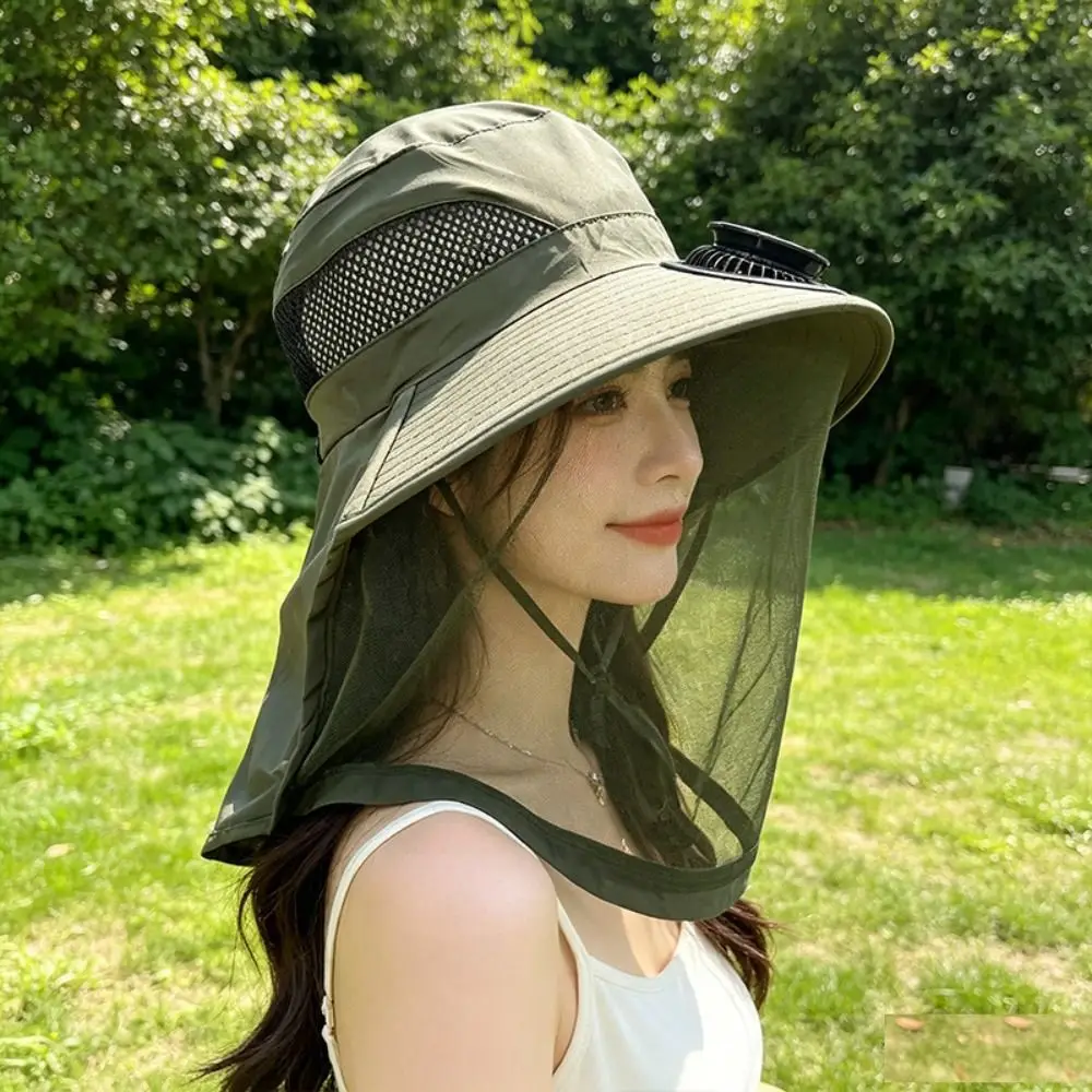 Casual With Net Mesh Mosquito Head Net Hat Foldable Breathable Solar Fan Hat 3 Speeds High Wind Power Wide Brim Sun Cap Hiking