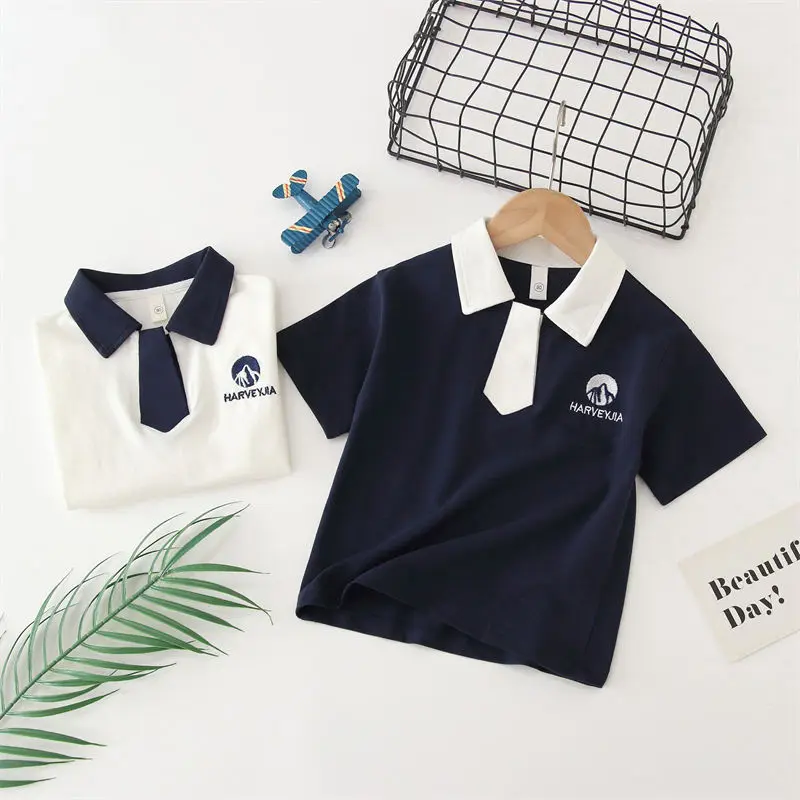 New Children Boys Summer Polo Shirt Toddler Baby Boy Casual Tie Polo Shirts Teenager Short Sleeve T Shirt Outwear Top 7-12y