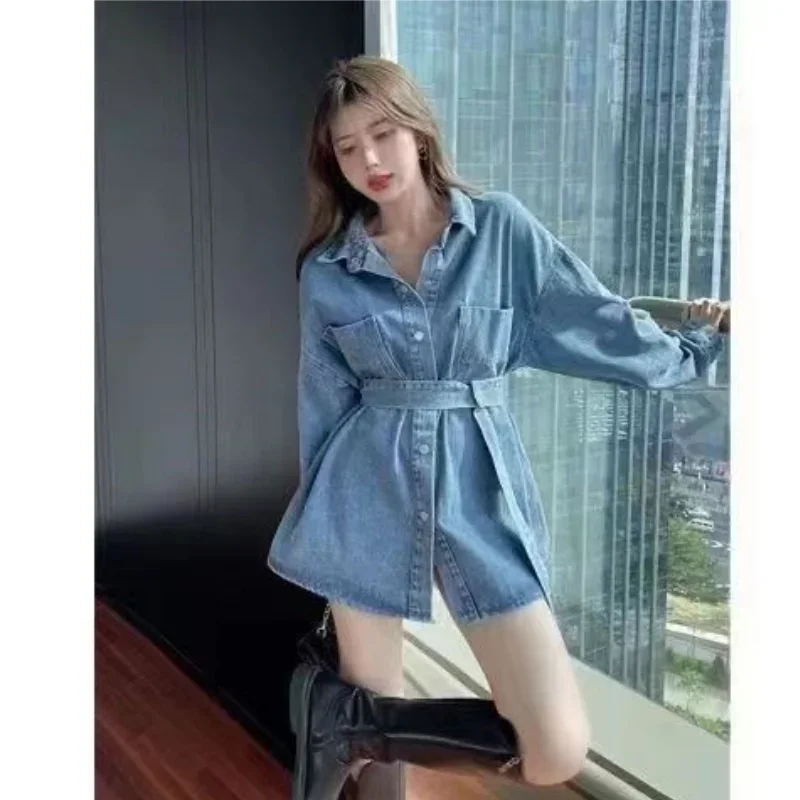 

Boreathiman 2024 New Women's Elegant Style Denim Jacket Dress Suit Neck Mid-Length Tops French Vintage Winter dress for women