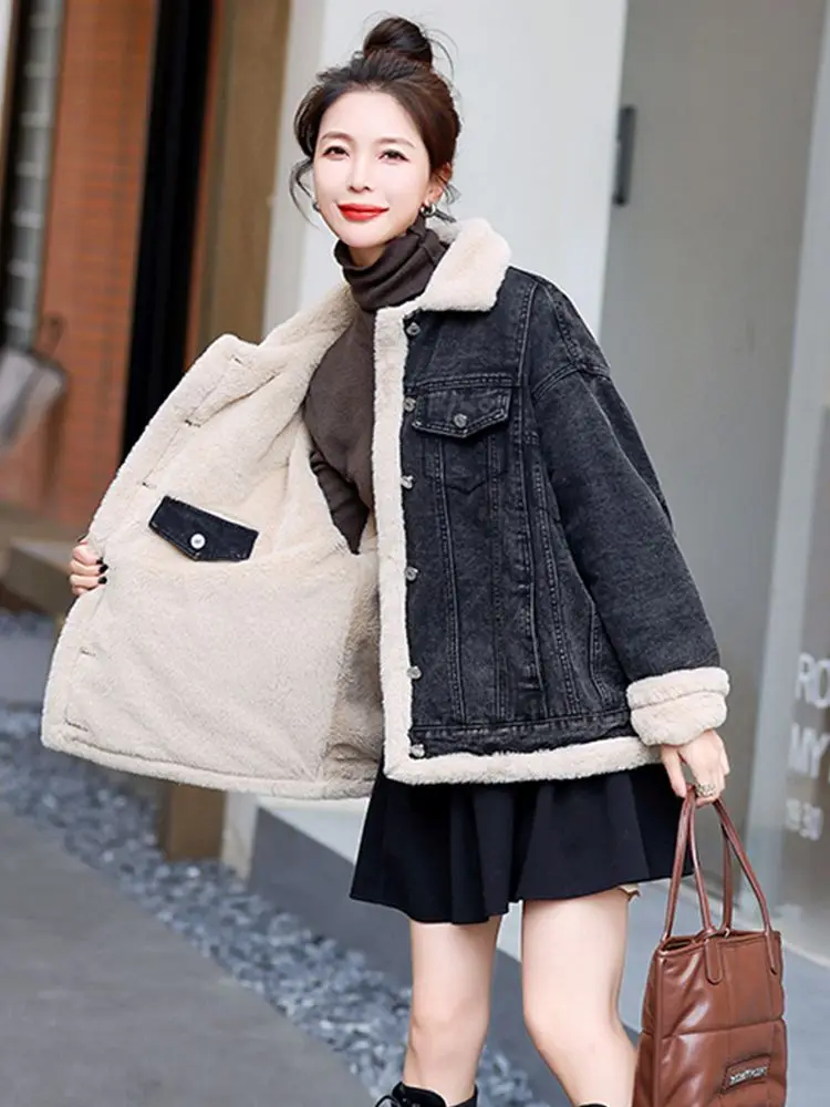 

Denim Coats Woman Oversize Fur Plush Womens Fall Slim Fit Sweet Cool Girl Classroom Breathable Quilted Patchwork Adjustable Chic