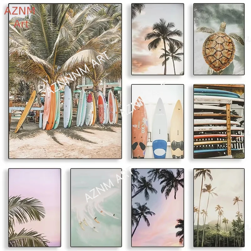 1PC Tropical Summer Beach Shell Palm Tree Surfboard Poster Print Nordic Canvas Printing Wall Art Picture for Surfing Club Decor