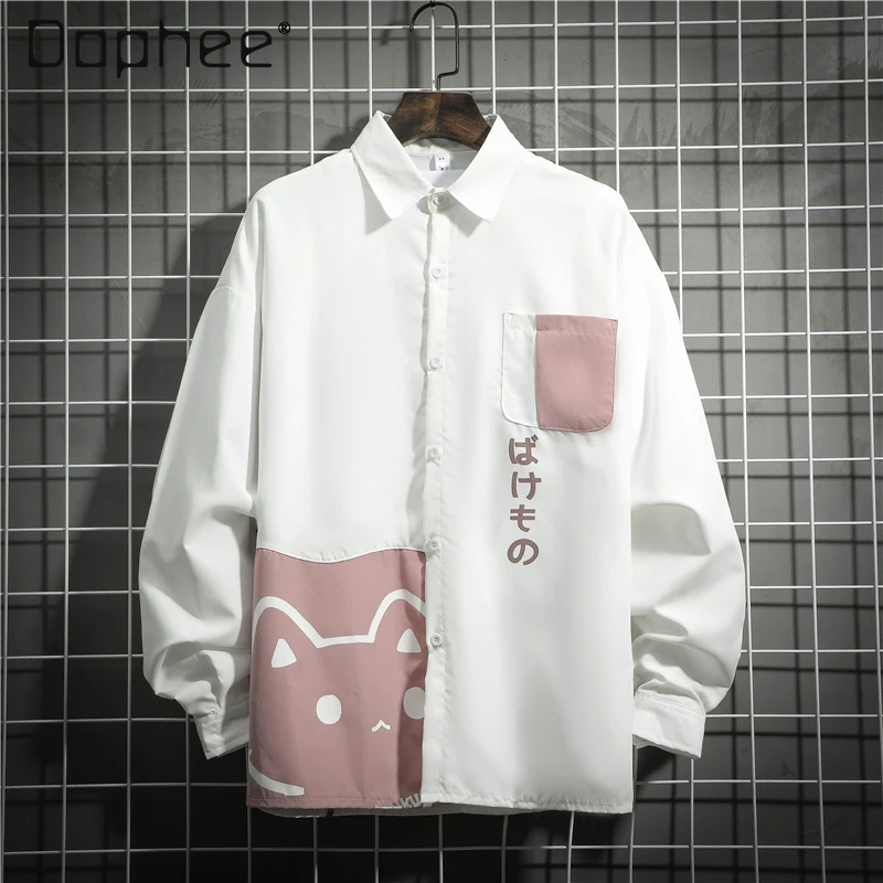 

2025 Summer and Autumn New Japanese Style Trendy Cartoon Blue Pink Long Sleeve Shirt Men's Loose White Short Sleeve Casual Shirt