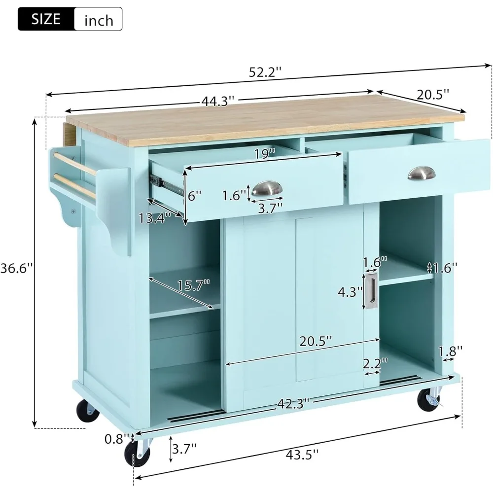 Kitchen Island Cart with Drop Leaf Rubber Wood, Storage & Sliding Barn Door,with 2 Drawers, Spice Rack, Towel Rack (Mint Green)