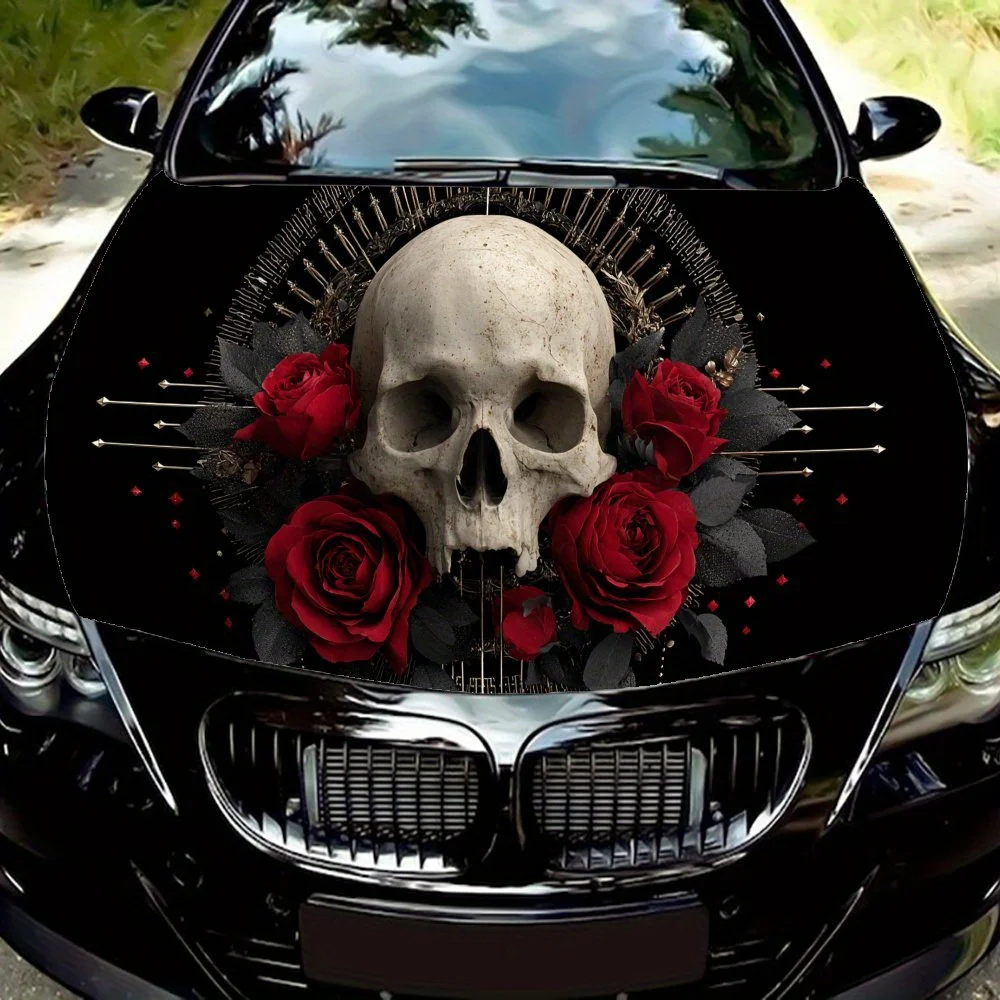 Enveloppes en vinyle de voiture en PVC, crâne et sorbre de fleurs, autocollant auto-adhésif imperméable pour capot de voiture, autocollants de Protection de décoration de voiture