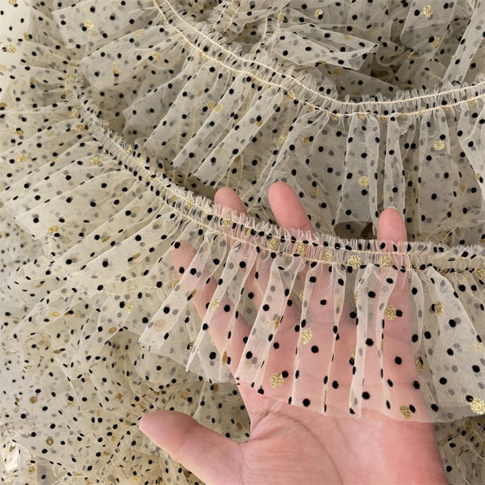 8cm Wide Beige Mesh Tulle Fabric Ribbon Frills Golden Black Polka Dots Needlework Lace Fringe Ruffles Trim For Doll Dress Decor