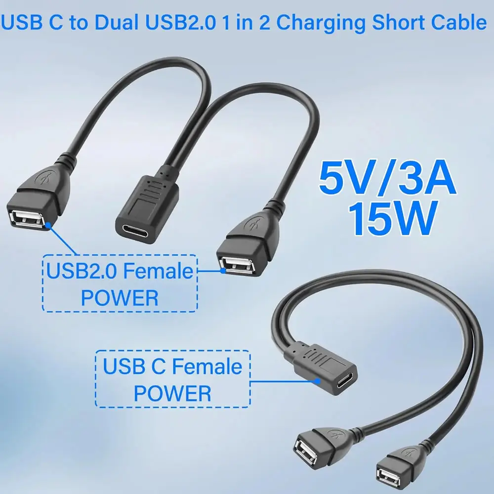 30cm USB C Splitter Charge Cable USB Type C Female to Dual 2 USB Female Splitter Y Charge Connector Cable Only for 5V Charging