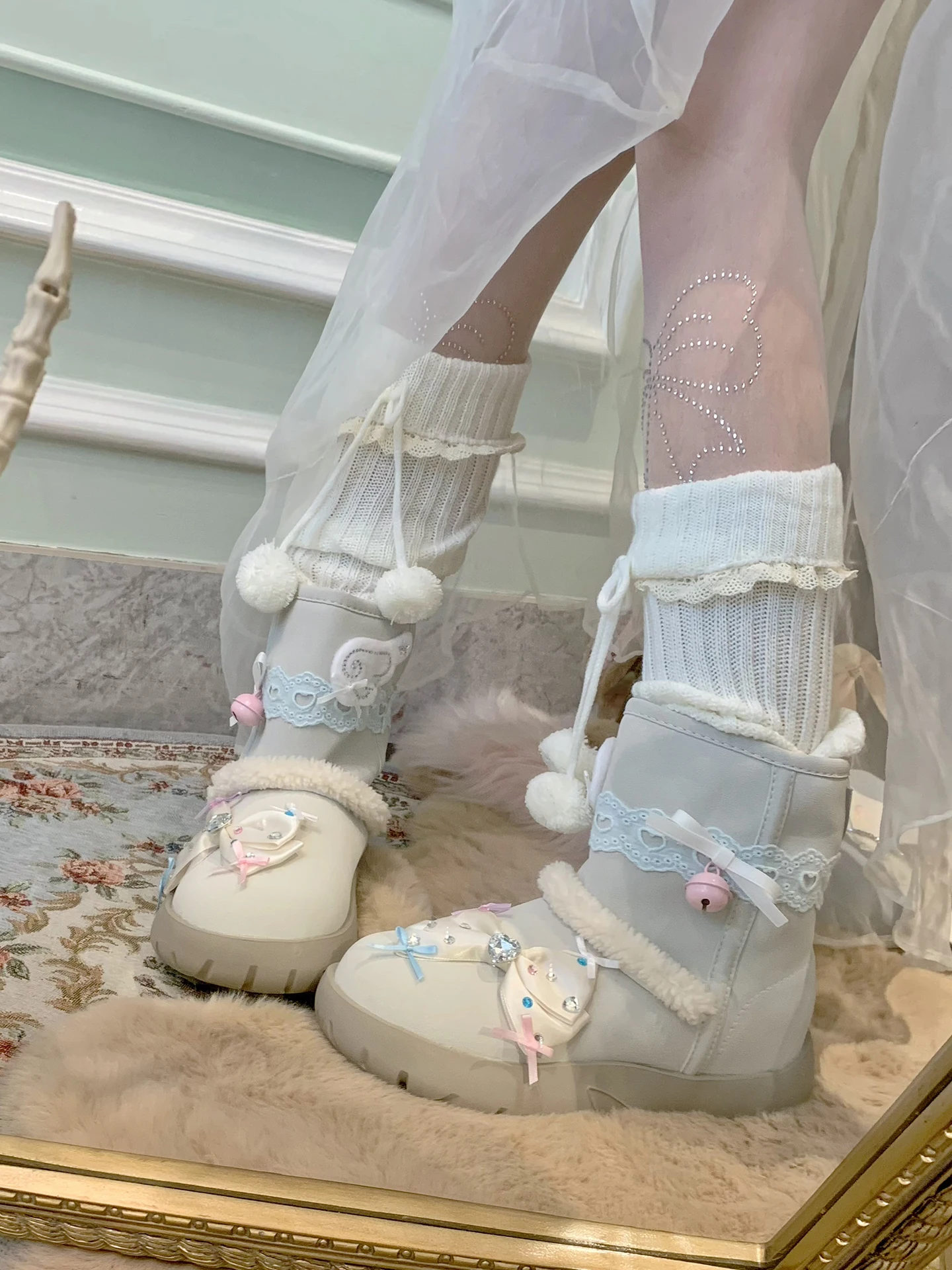 Pinkyo Original Cute Little Bell Short Boots Lolita Girls' College Height Increasing Blue Gray Bow Thick Snow Boots For Women