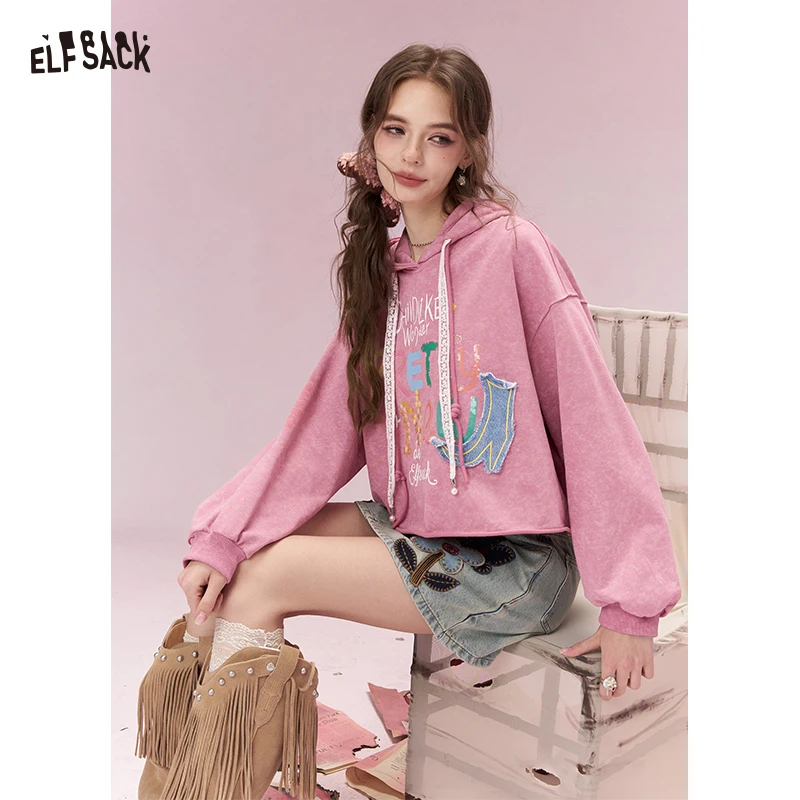 

Розовая укороченная толстовка с капюшоном ELFSACK для женщин, толстовка с графическим принтом в уличном стиле и джинсовой нашивкой, повседневный свободный топ с длинными рукавами