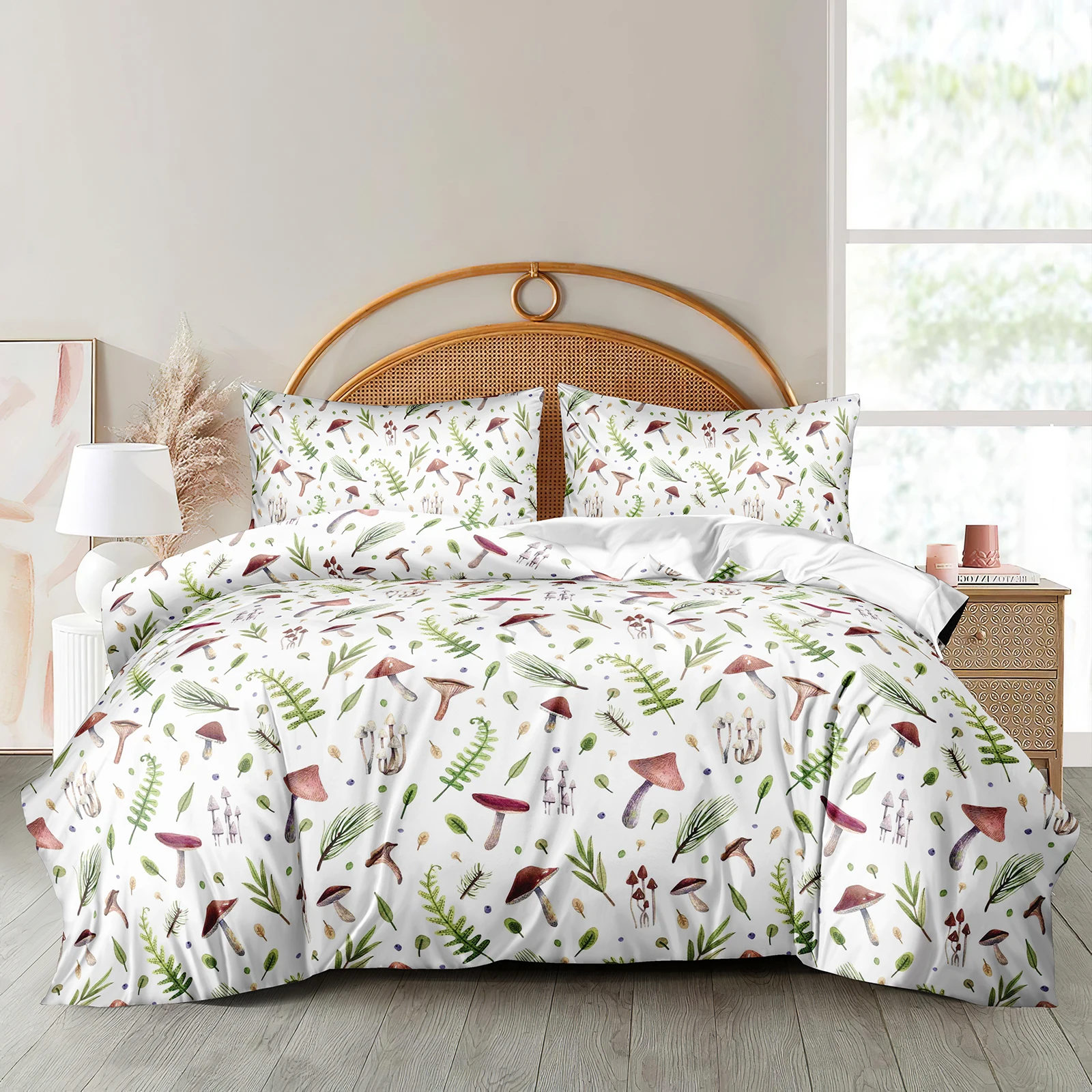 Red Mushroom Bedding Set Green Leaves Bedclothes Fresh Branch Food Graffiti Printed Rustic Chic Bedding Set Easy Care