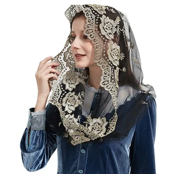 Infinity Gold Embroidered Lace Tulle Mass Mantilla Head Covering For Women Catholic Prayer Chapel Spanish Black Ivory With Clips