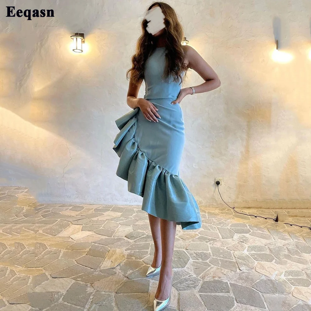 Eeqasn-Vestidos de Noche Midi asimétricos para mujer, traje de fiesta Formal, con volantes, color azul, 2022