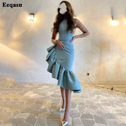 Blue Midi Evening Dresses Customized Sheath Asymmetrical Ruffles Simple Prom Dress Formal Party Gowns Saudi Arabic Women Outfit