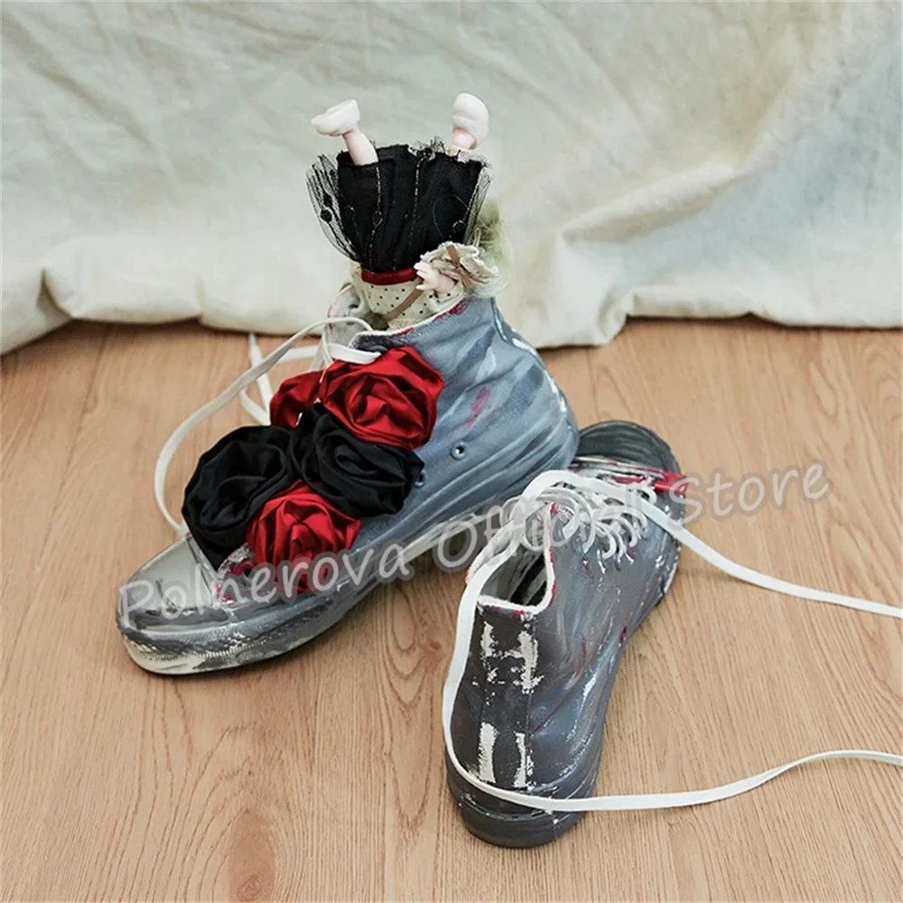 Punk Gothic Graffiti Print High Top Canvas Sneakers Women Irregular Rose Decor Lace Up Sport Shoes Lady Casual Streetwear Shoes