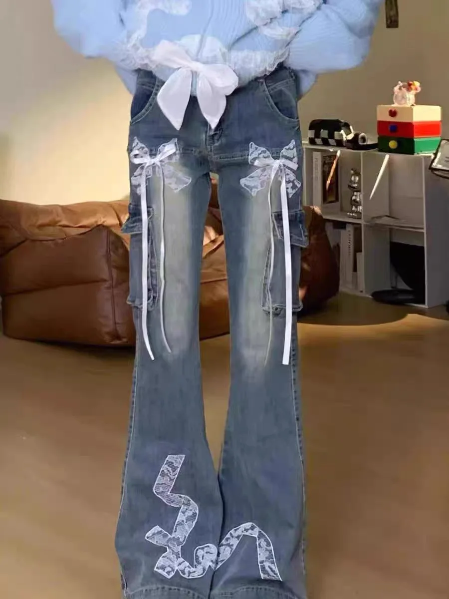 

Women Vintage Y2K Lace Patchwork Bow Flare Jeans Streetwear Loose Japanese Harajuku 90s Aesthetic Wide Leg Denim Pants