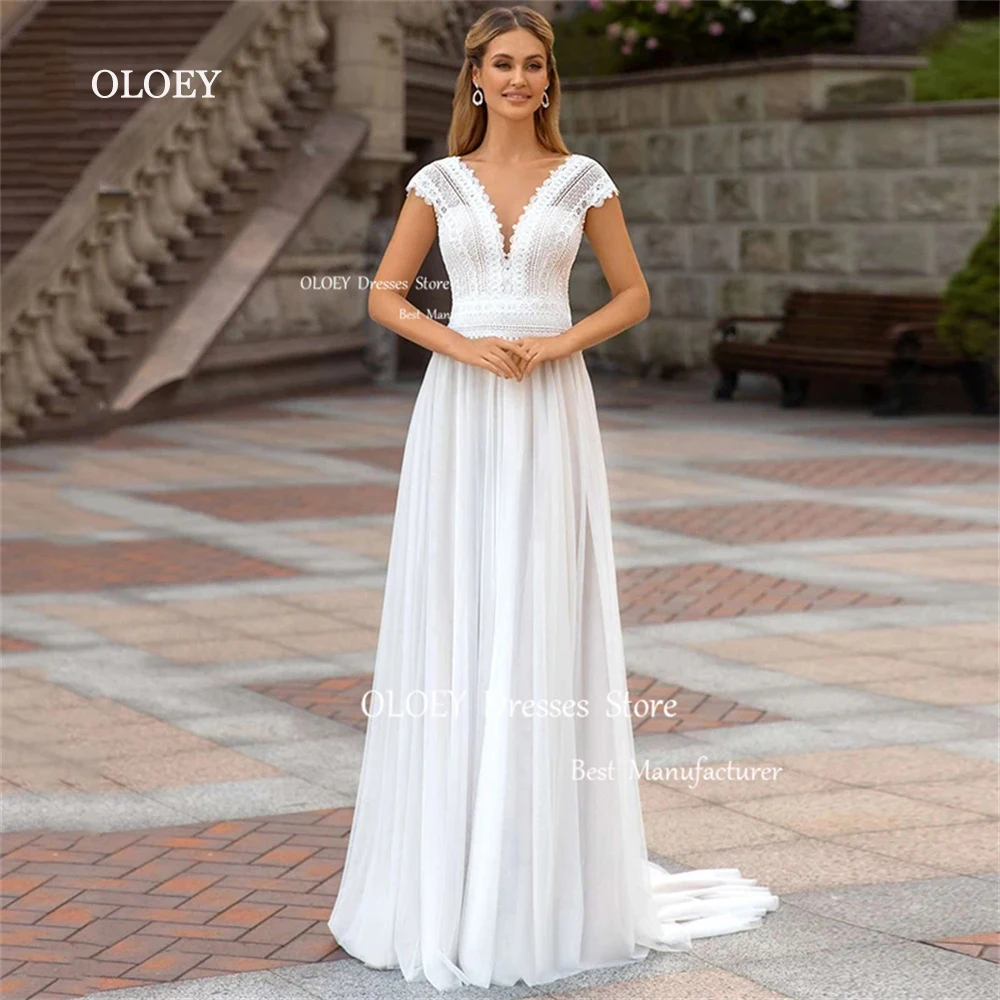 

OLOEY Vintage Ivory Wedding Dresses Sleeveless Floor Length Sweep Train A Line Tulle Bridal Gowns Custom Made Zipper/Lace Up