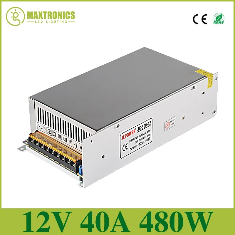 Best Quality 12V 40A 480W Switching Power Supply Driver Lighting Transformer for AC 110-240V Input to DC 12V LED Strip Light