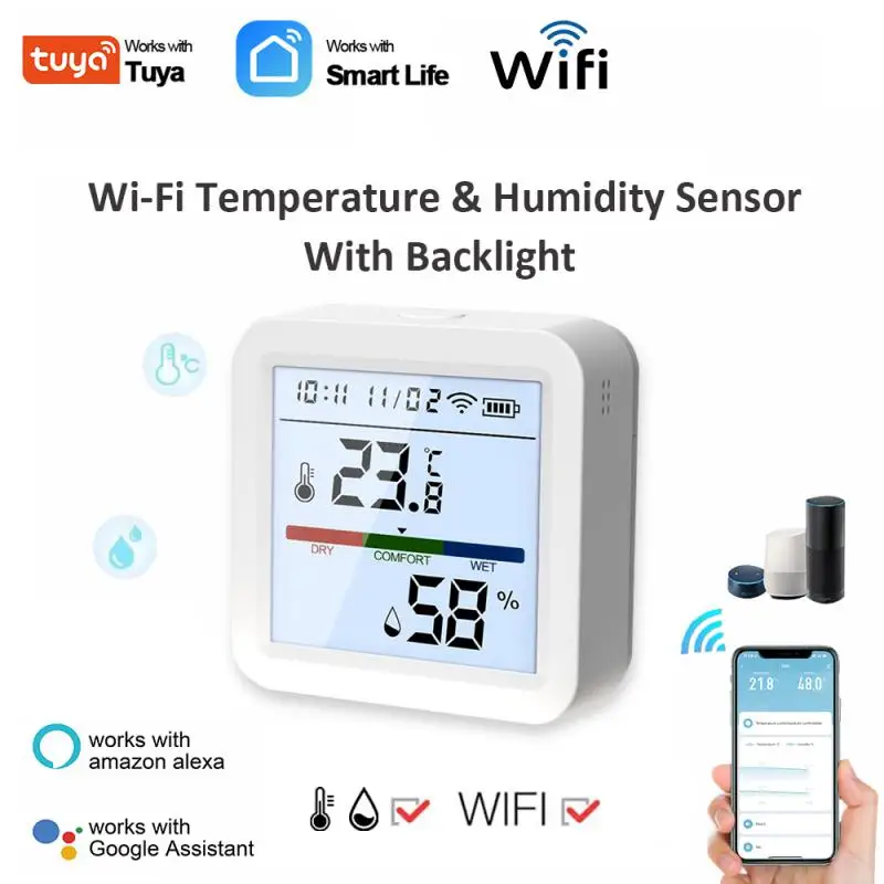 Tuya Wifi Temperatuur Vochtigheidssensor Met Achtergrondverlichting Indoor Hygrometer Thermometer Detector Op Afstand Ondersteuning Alexa Google Home