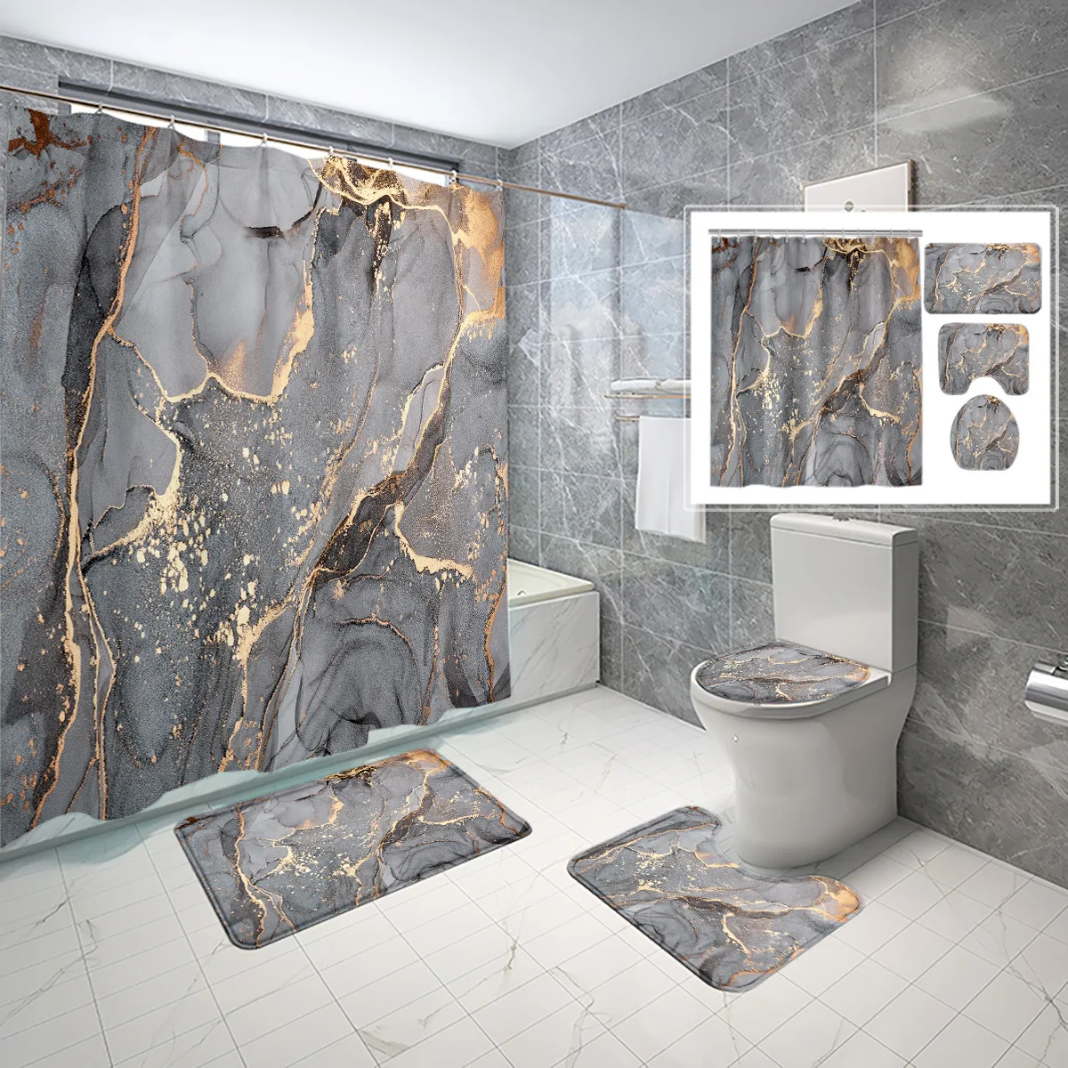 

Позолоченная мраморная занавеска для душа Розовый Синий Водонепроницаемая занавеска для ванной для домашнего декора ванной комнаты 4 шт. с напольным ковриком U-образный коврик для унитаза