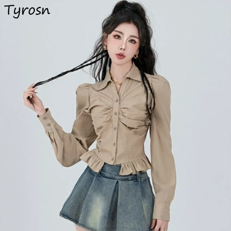 

Long Sleeve Shirts Women Autumn Vintage Ruffles Design Cropped Shirt Young Fashion Classic Streetwear Elegant Female Folds Tops