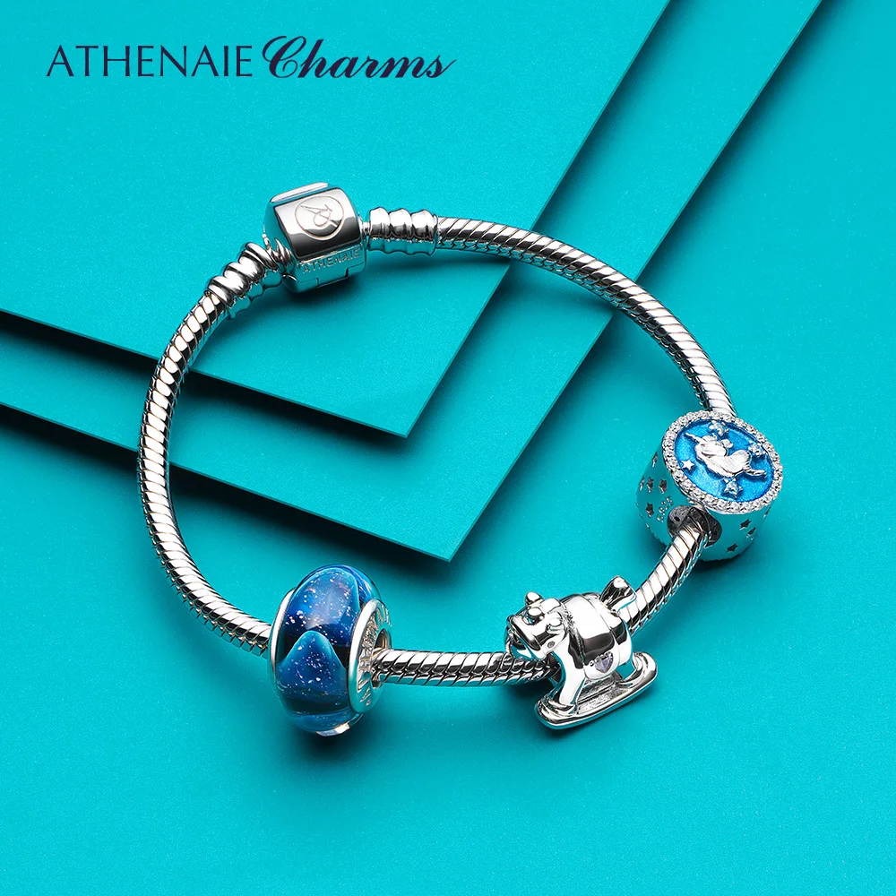 ATHENAIE 925 Sterling Silver Blue Classic Starry Sky Charms Genuin Murano Glass Beads fit Bracelets DIY Charms for Birthday Gift