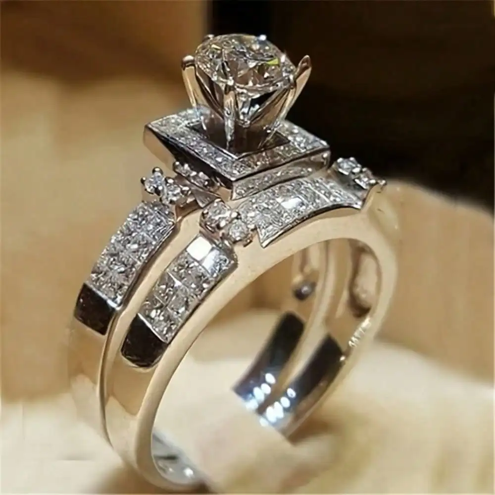 2pc Princess Bridal Ring Set Wedding Ring Couple Rings Vintage Ring Band Simulated Diamond Engagement Ring Set Wedding Engagement Promise Bride Eternity Ring Anniversary Ring Birthstone Ring Ladies Romantic Holiday Gift Ladies' daily casual jewelry