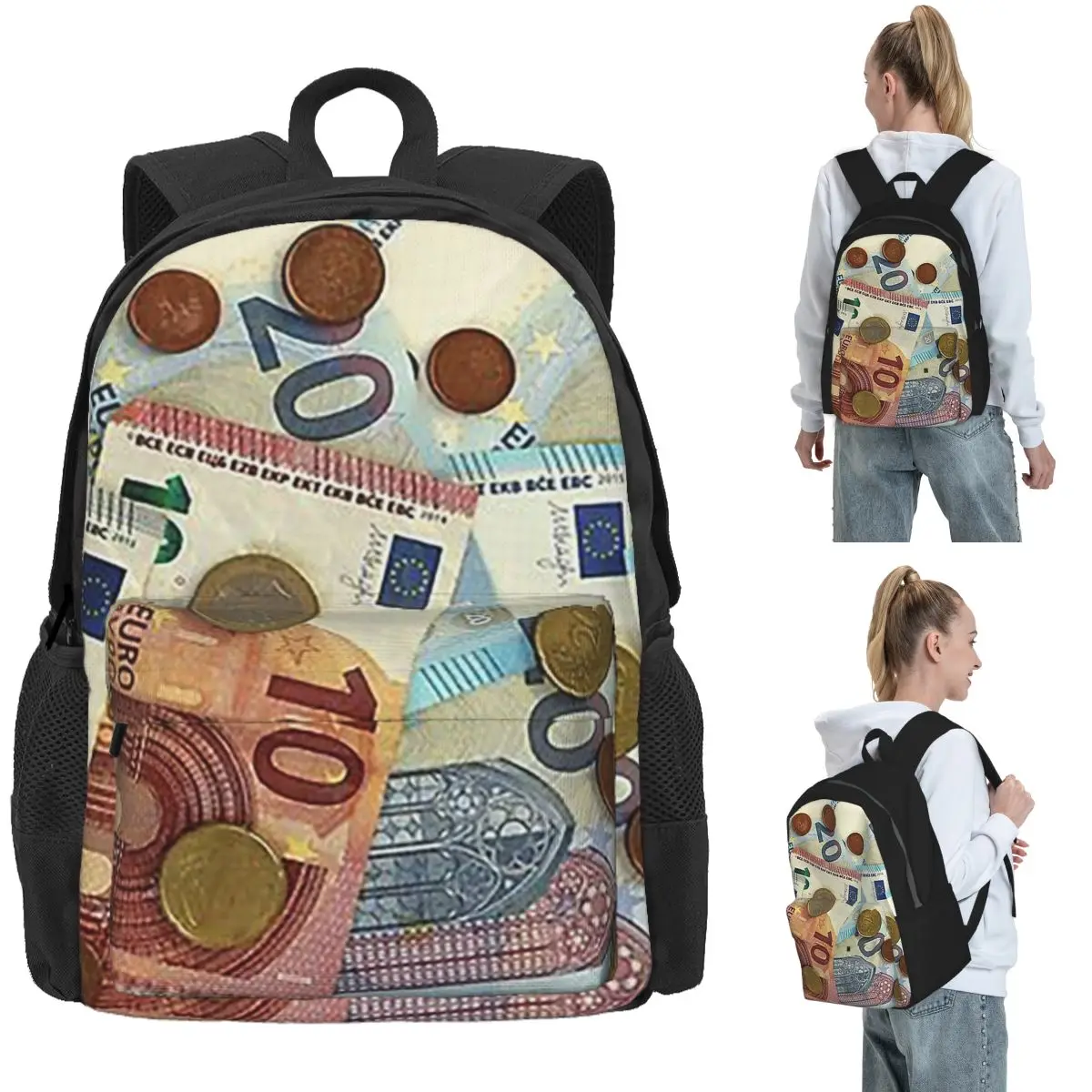 

Euro Banknotes And Coins Backpack Daypack Large Capacity Boys Girls BookBag School Bag Shoulder Bags for Men Women