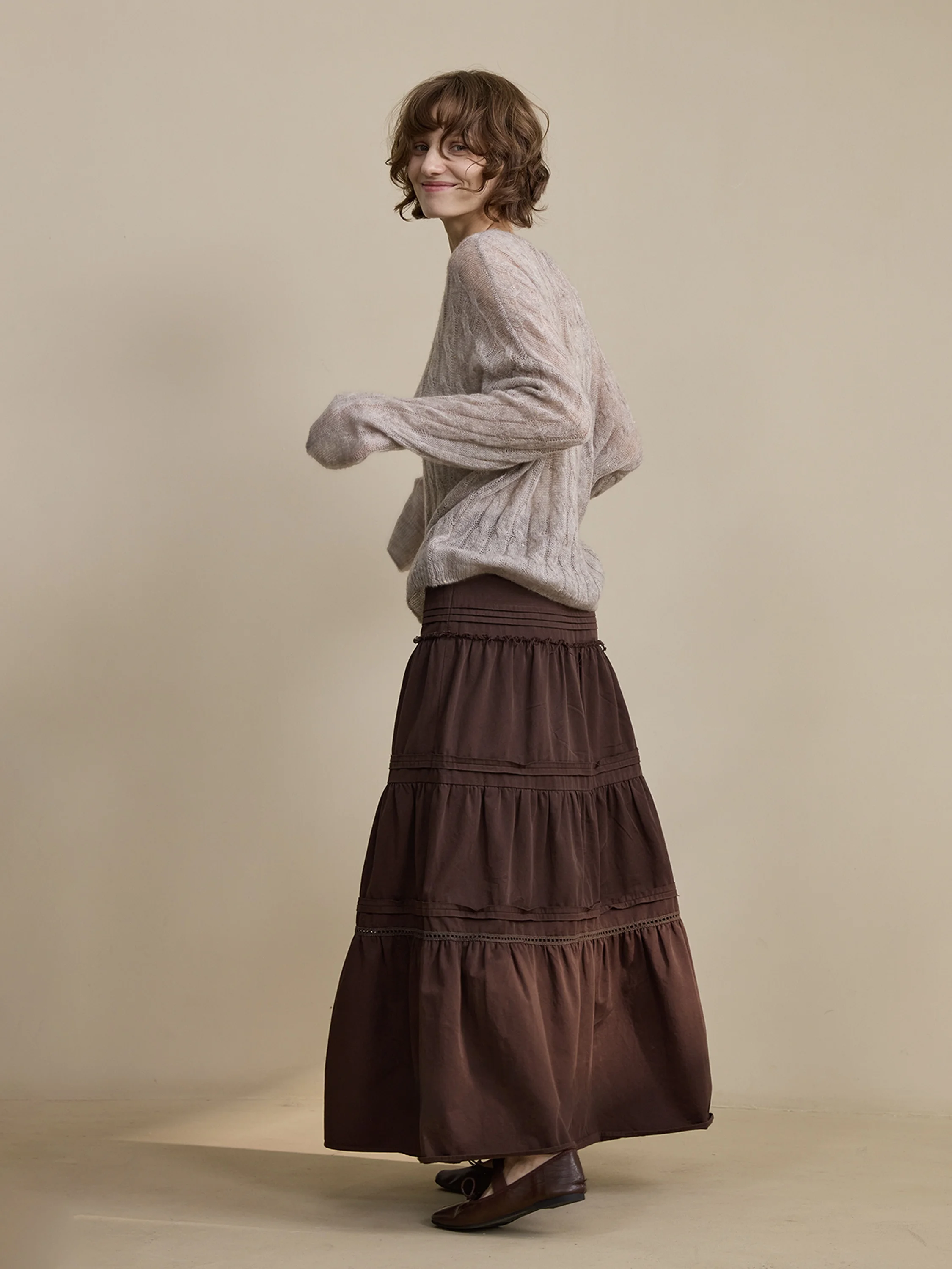 

NOEND Vintage Cake Skirt Slimming Tassel Waist Rope Splicing Hollow Weave Belt Ladies Casual mid Waist Cotton Skirts