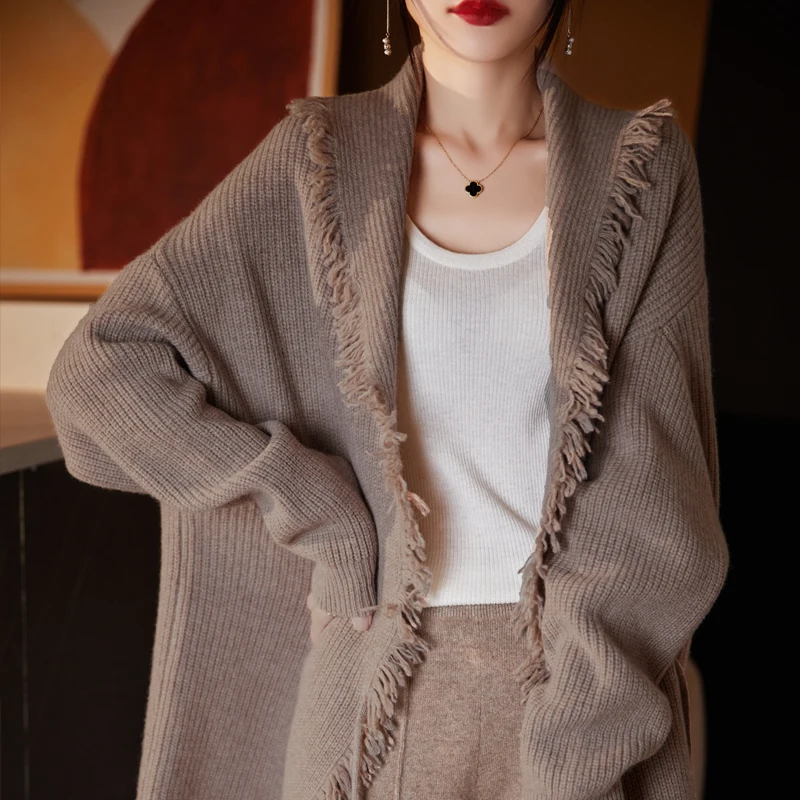 Autumn and Winter New Pure Wool Tassel Knitted Cardigan Women\'s Loose Casual Cashmere Bottom Coat Shawl Top