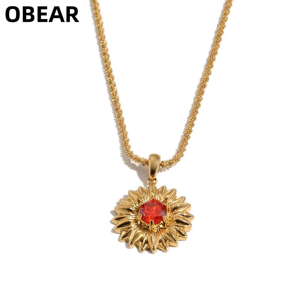 18K Gold Plated Stainless Steel Sunflower Pendant Necklace for Women Red Cubic Zirconia Flash Chain Necklaces Jewelry Gift