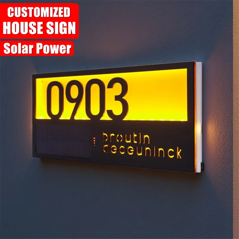 

Customized Solar House Number Sign LED Outdoor Laser Cut Acrylic Door Plate Personalized Exterior Family Address Sign