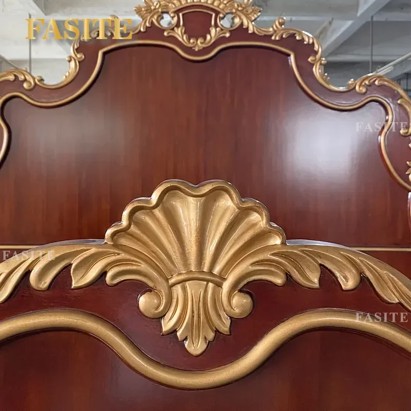 Luxury European Classic King Size Bed Frame, Hand Carved Solid Wood Antique Bedroom Furniture Set with Golden Trim