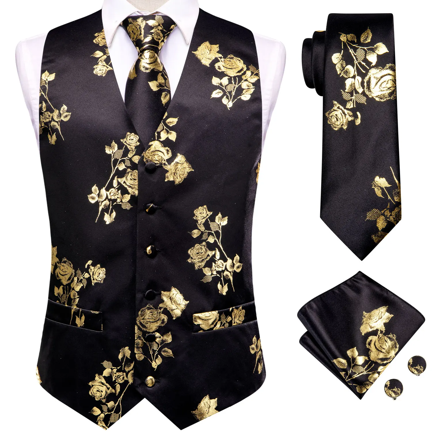 Luxury Gold Black Silk Mens Vests Print Jacquard Waistcoat Tie Hanky Cufflinks Brooch Set for Men Wedding Formal Business Hi-Tie