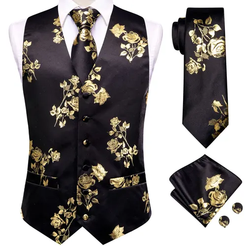 Imagen 2 del producto Chalecos de seda negros dorados de lujo para hombre, chaleco con estampado de Jacquard, corbata, gemelos, broche, conjunto para hombre, boda, Formal, negocios, Hi-Tie