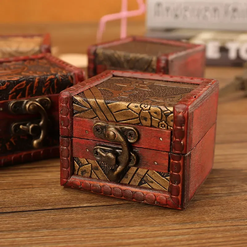 1PC Wooden Treasure Chest Jewelry Box Antique Mini Wood Treasure Chest Storage Box Jewelry Trinket Organizer Box Gift Box